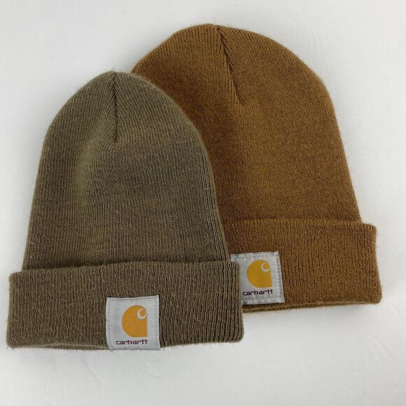 Lot of 2 Vintage Carhartt Beanie Hat Watch Cap Brown Green Knit USA Acrylic A18 - Picture 1 of 10